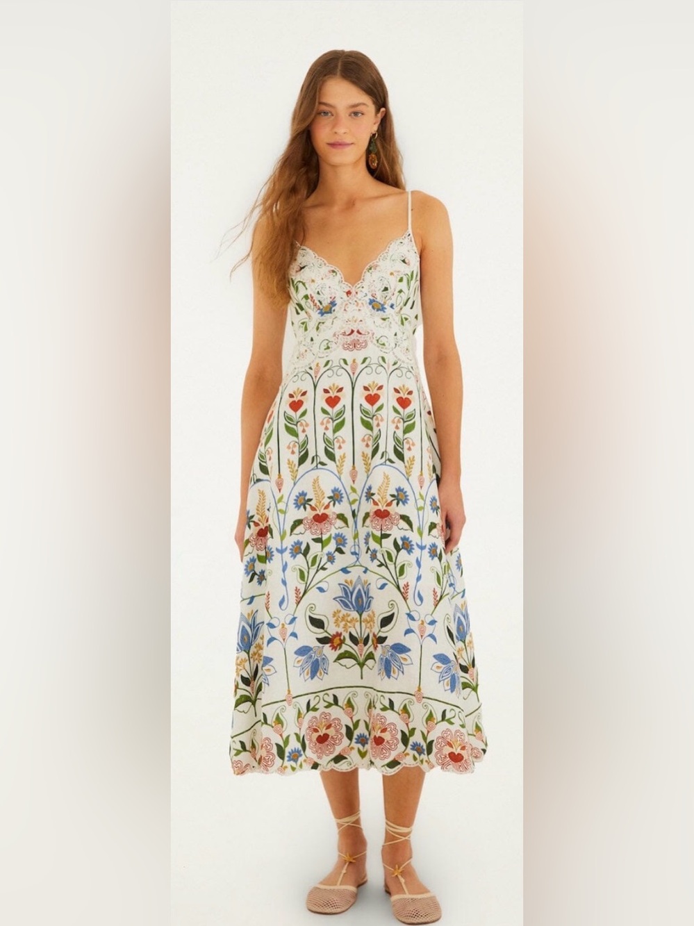 Farm Rio Scalloped Sleeveless Linen V-Neck Midi Dress Embroidered EUC $298 Retai